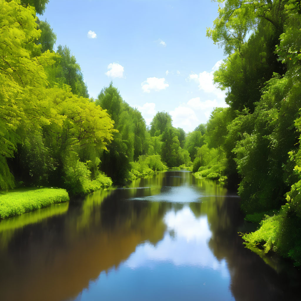 Tranquil river with lush green trees and clear blue sky