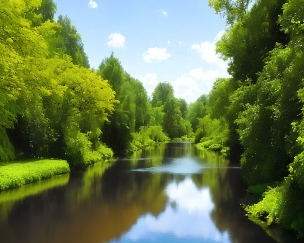 Tranquil river with lush green trees and clear blue sky