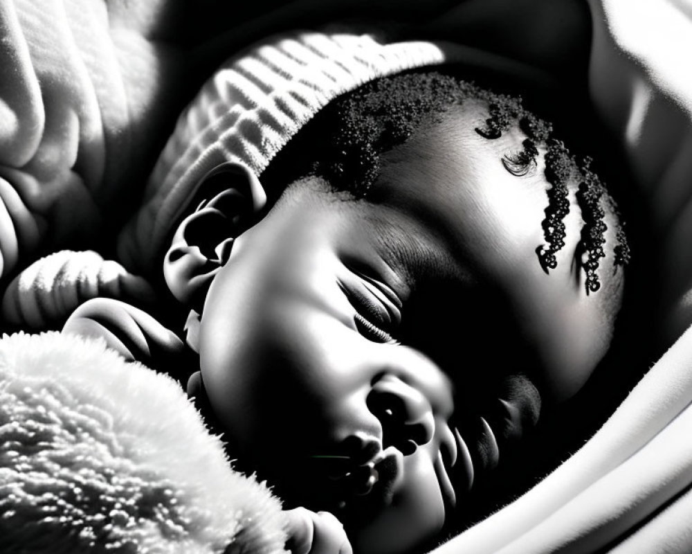 Sleeping baby with teddy bear under dramatic lighting, showcasing soft textures and serene expression