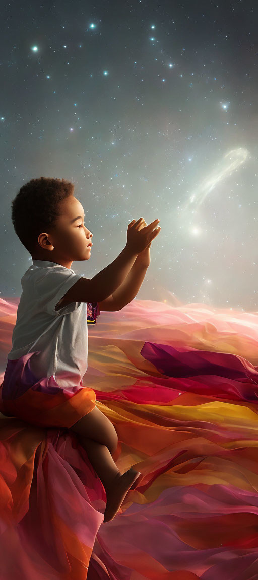 Child on Colorful Surface Reaching for Comet in Star-Filled Sky