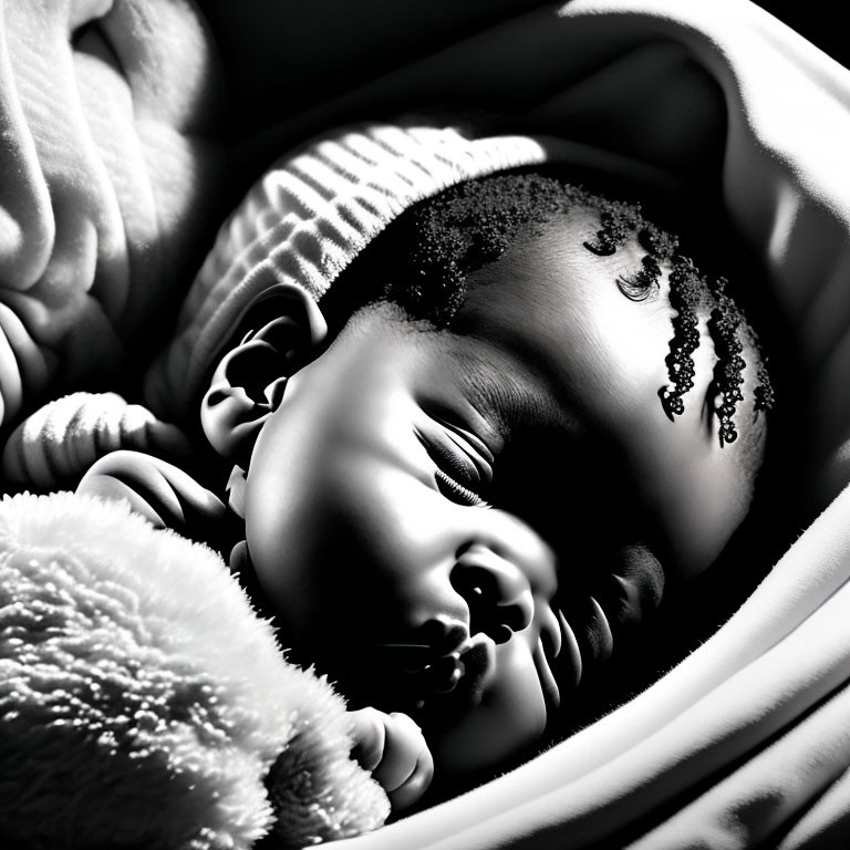 Sleeping baby with teddy bear under dramatic lighting, showcasing soft textures and serene expression