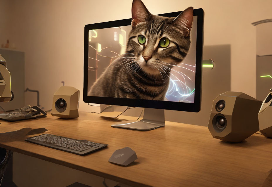 Realistic cat image on computer monitor with glowing eyes on desk.