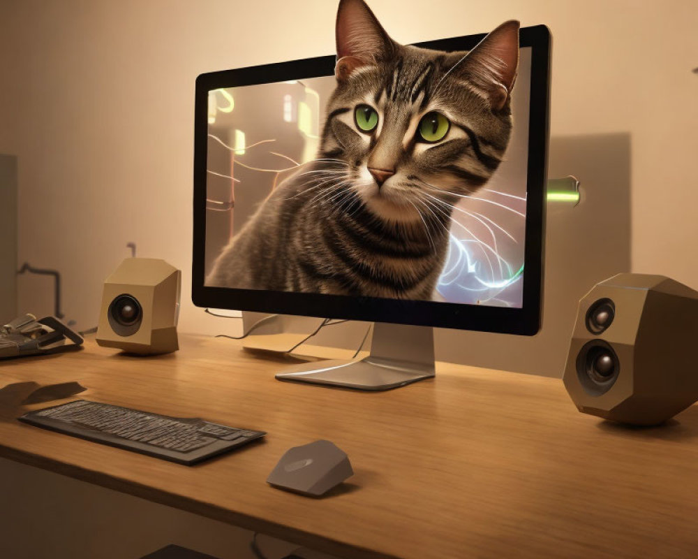 Realistic cat image on computer monitor with glowing eyes on desk.