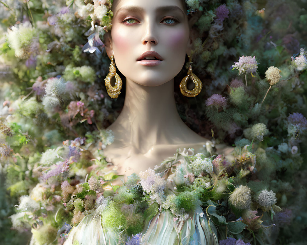 Fair-skinned woman adorned with floral jewelry in serene setting