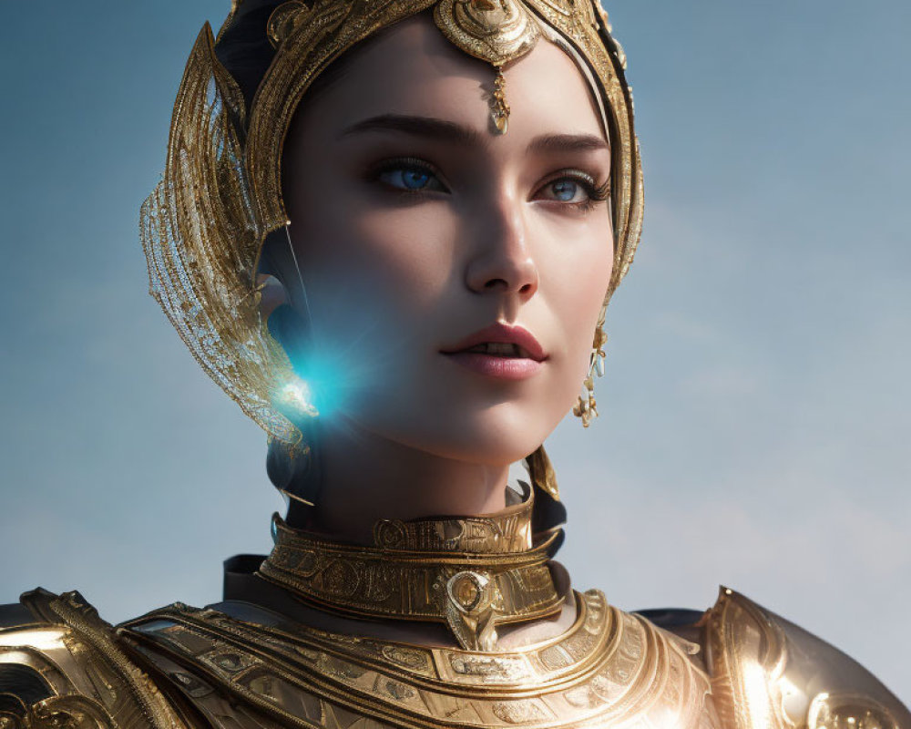 Digital artwork: Woman in golden armor with jewel, under clear blue sky