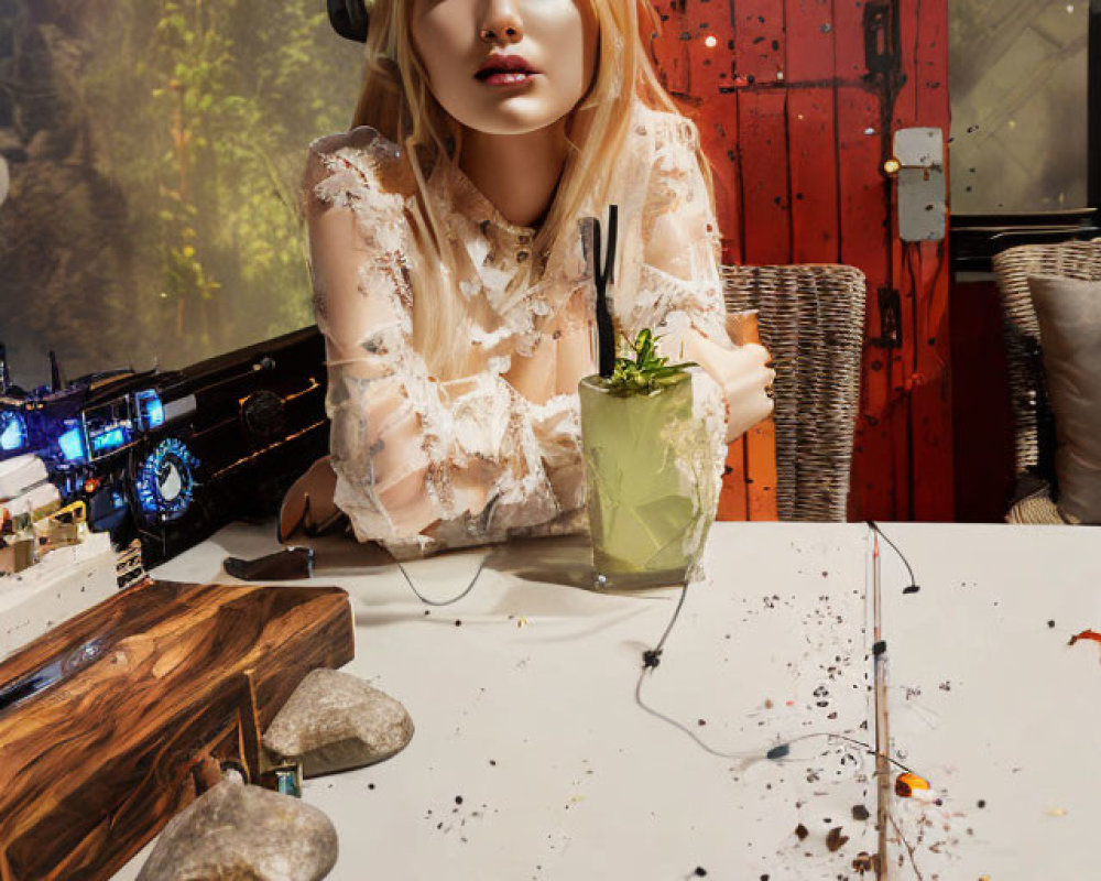 Woman at cafe table with drink in eclectic rustic-tropical decor