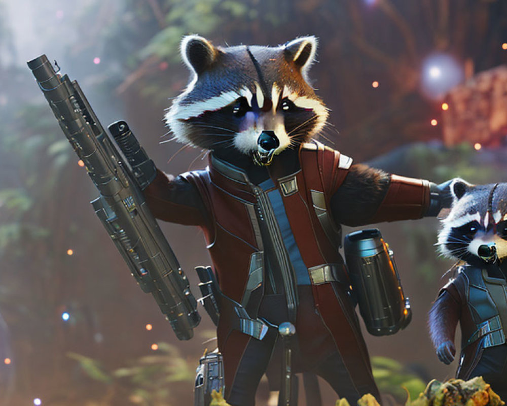 Anthropomorphic raccoons in space suits with futuristic weapons in vibrant forest setting