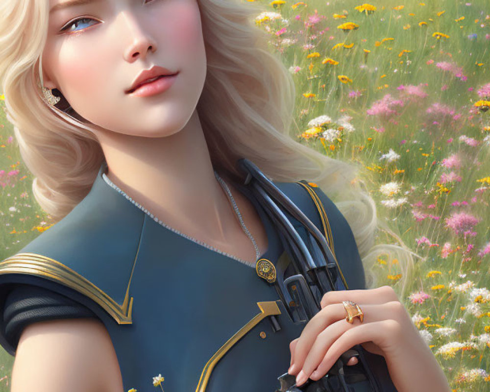 Blonde Woman in Military Outfit with Futuristic Weapon in Wildflower Field