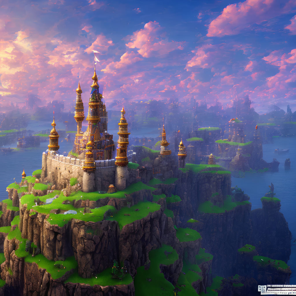 Fantasy castle with golden spires on rocky island under colorful sunset sky