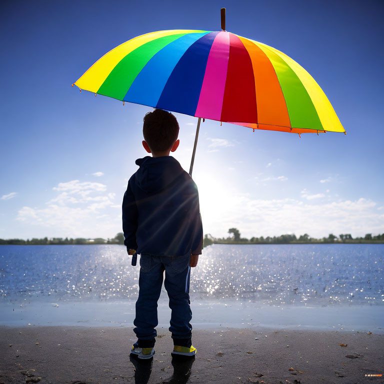 Colorful Umbrella Held by Child Near Lake Under Sunlight