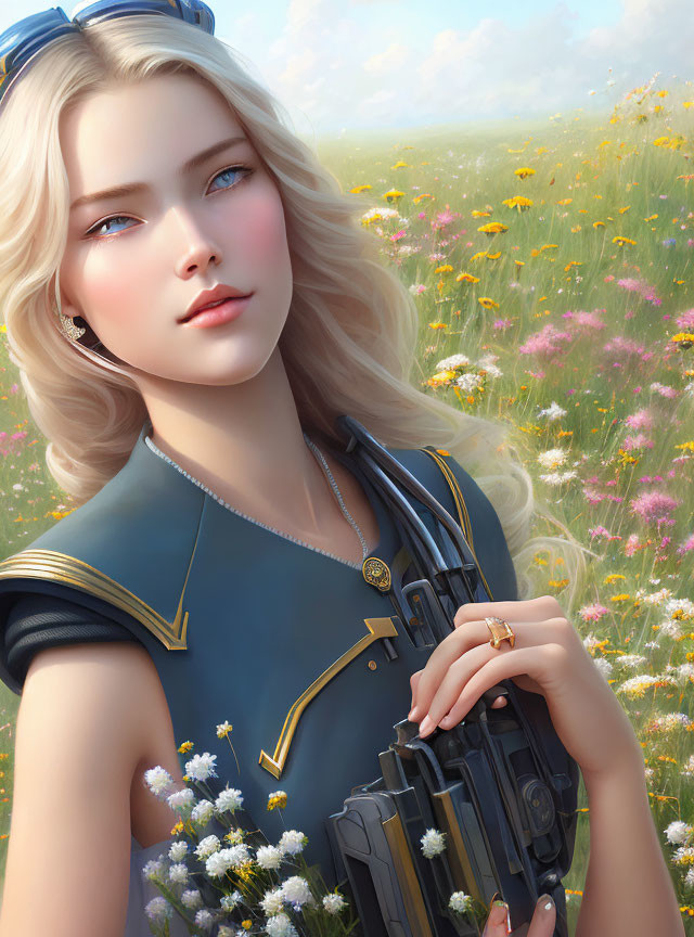 Blonde Woman in Military Outfit with Futuristic Weapon in Wildflower Field