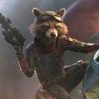 Anthropomorphic raccoons in space suits with futuristic weapons in vibrant forest setting