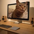 Realistic cat image on computer monitor with glowing eyes on desk.