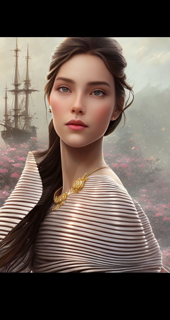 Digital portrait: Woman with dark hair, striped attire, gold necklace, sailboat, and pink flowers