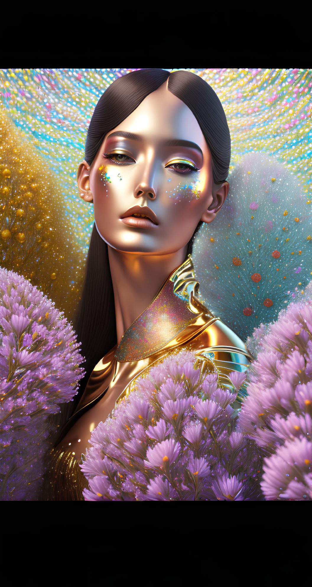 Golden-skinned woman portrait with purple flowers and multicolored background