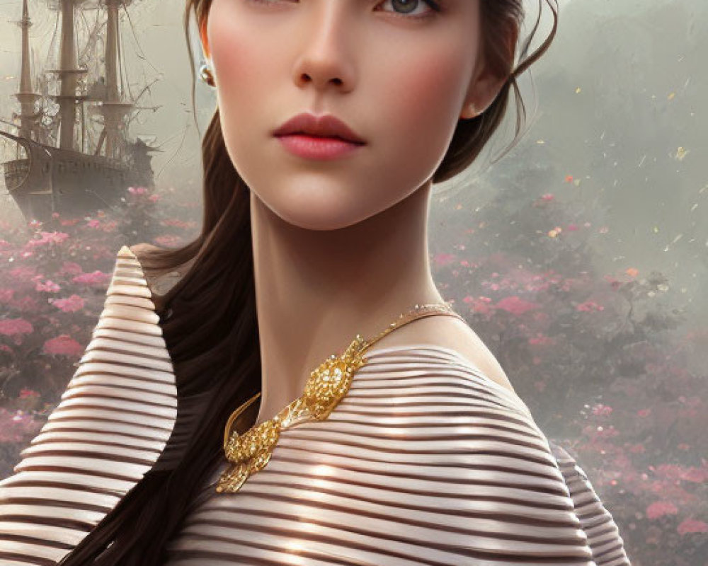 Digital portrait: Woman with dark hair, striped attire, gold necklace, sailboat, and pink flowers