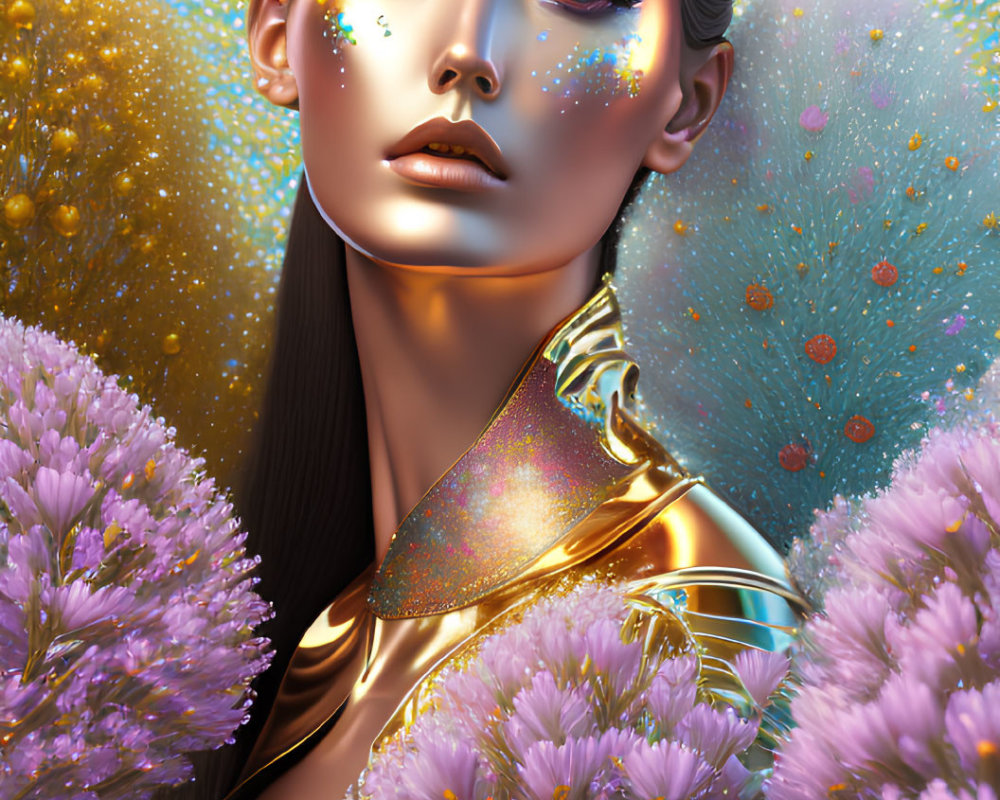 Golden-skinned woman portrait with purple flowers and multicolored background