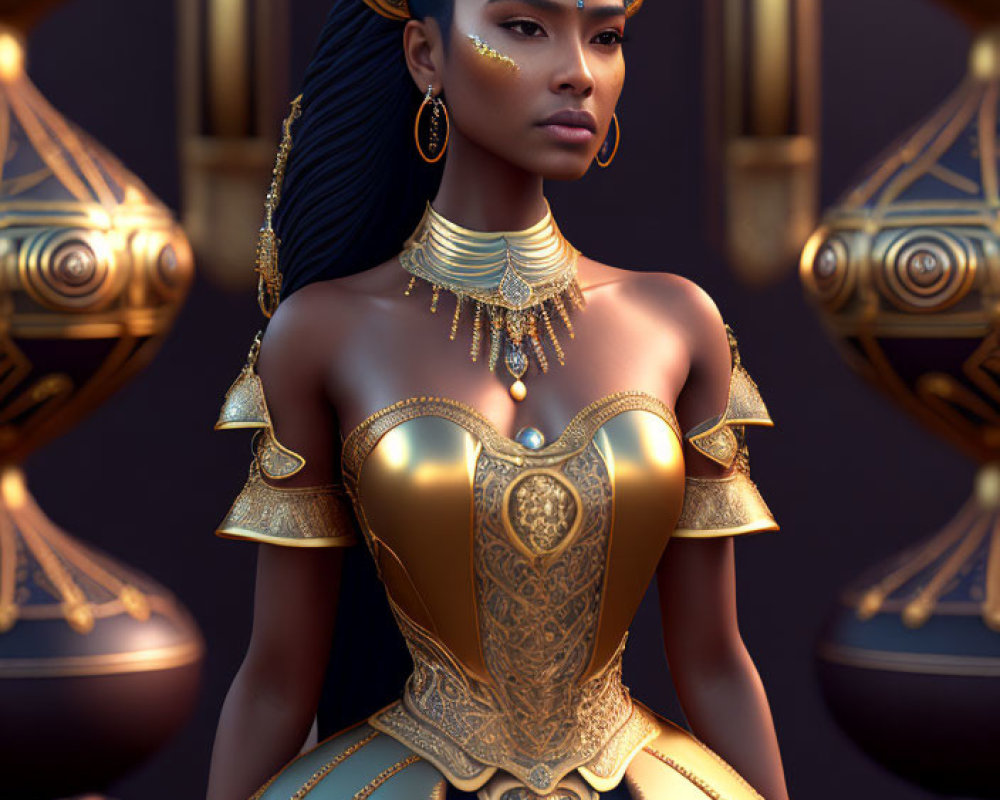 Regal Female Figure in Gold-Trimmed Dress and Jewelry