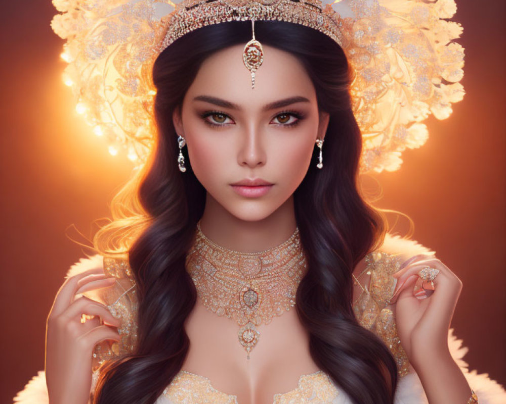 Detailed Illustration of Woman with Golden Jewelry and Elaborate Headdress