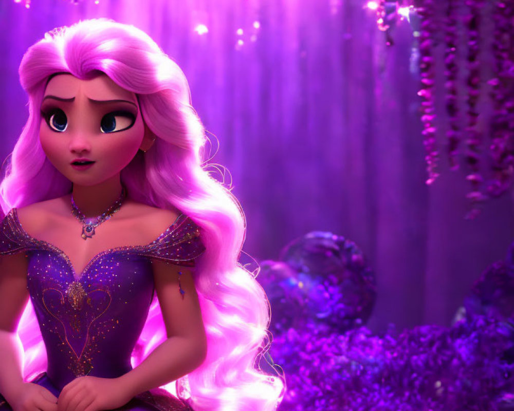 Animated princess with long pink hair in purple gown in mystical flower-filled setting.