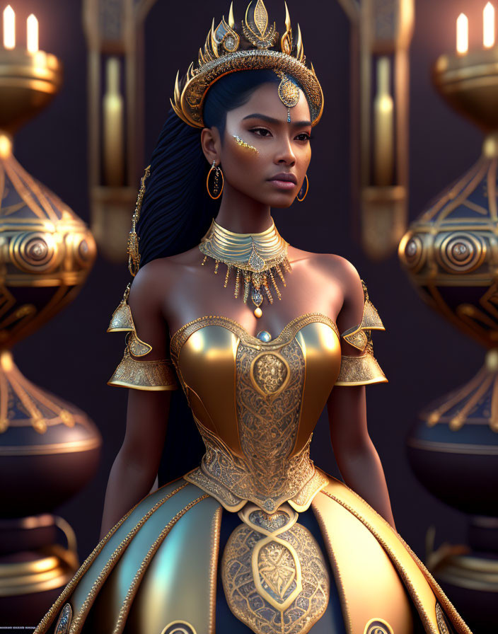 Regal Female Figure in Gold-Trimmed Dress and Jewelry