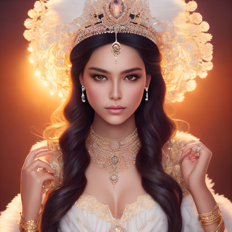 Detailed Illustration of Woman with Golden Jewelry and Elaborate Headdress