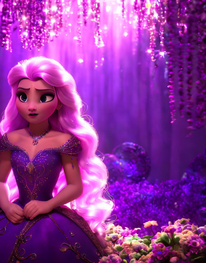 Animated princess with long pink hair in purple gown in mystical flower-filled setting.