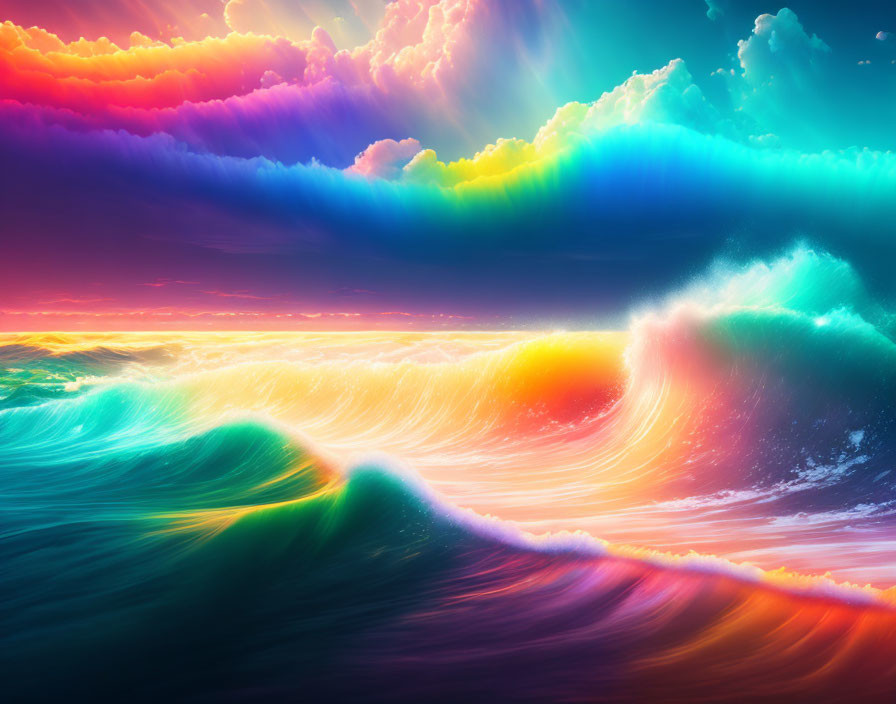 Colorful Seascape with Vibrant Waves and Luminous Sky