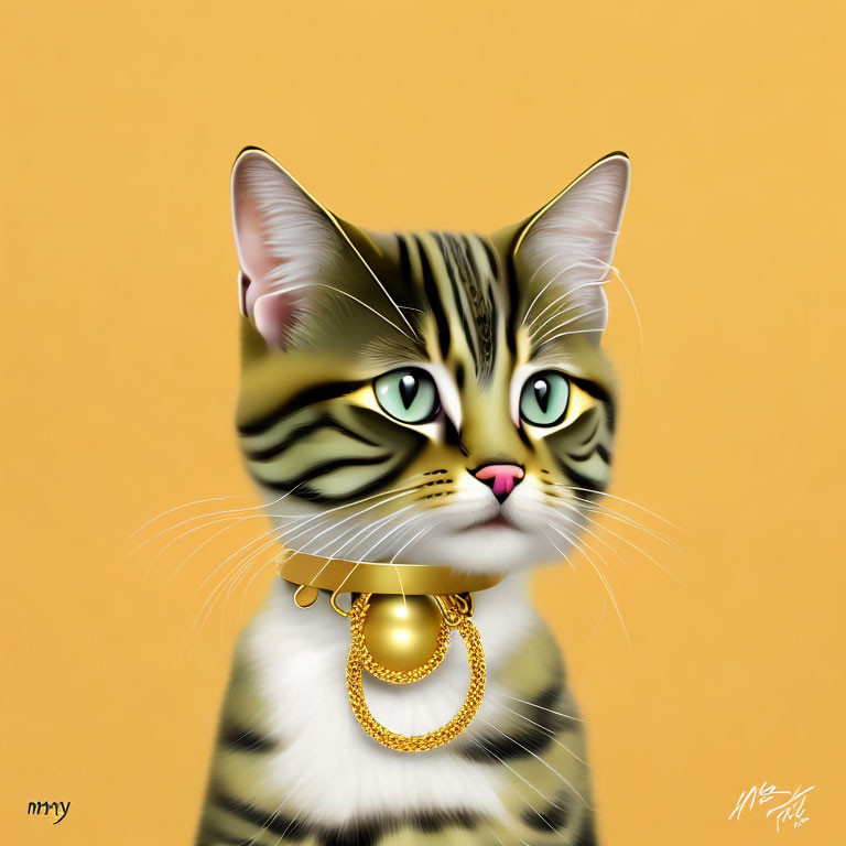 Stylized cat with green eyes and gold jewelry on yellow background