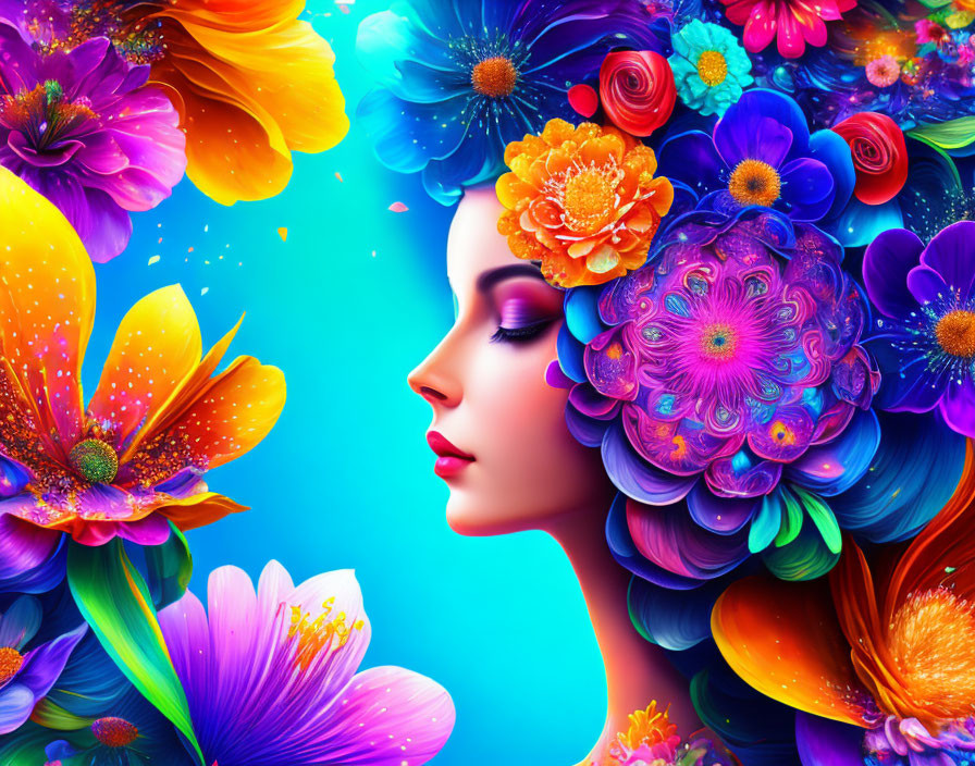 Colorful digital artwork of woman's profile with floral adornments