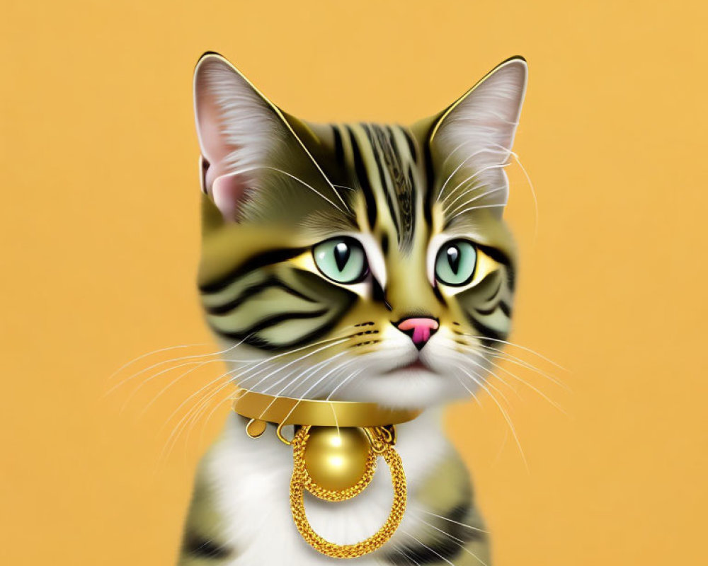 Stylized cat with green eyes and gold jewelry on yellow background