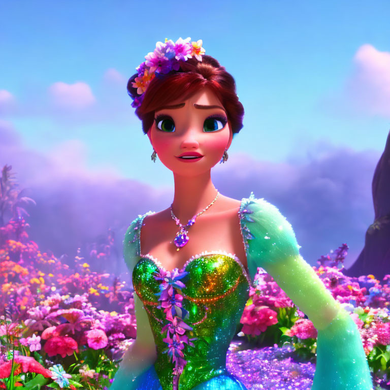 Auburn-Haired Princess in Floral Tiara and Green Gown Amid Vibrant Flowers