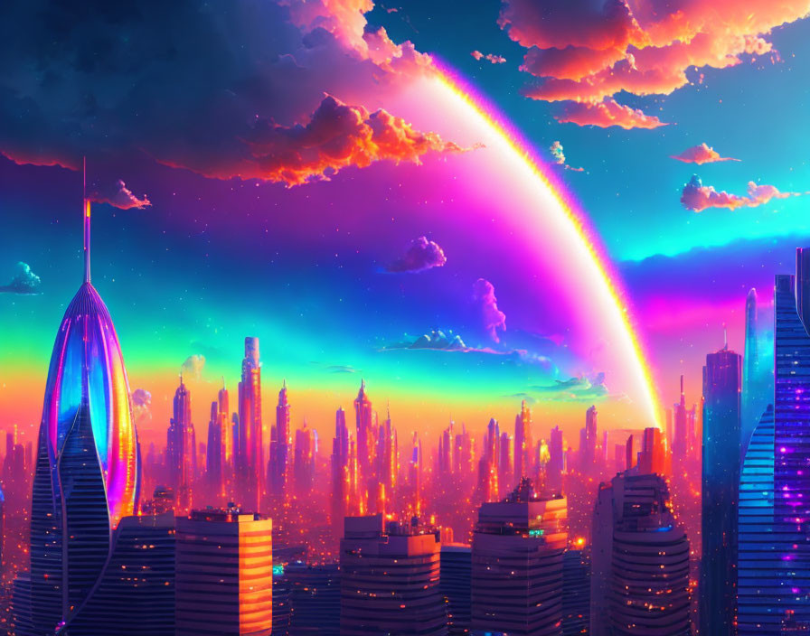 Vibrant twilight cityscape with neon skyscrapers and rainbow