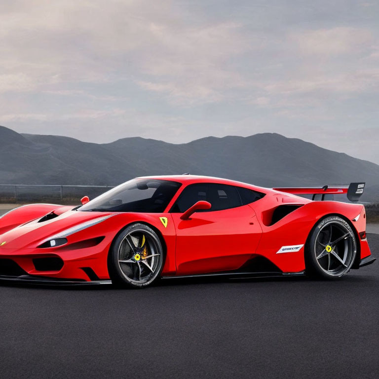 Red Ferrari Sports Car with Black Trim and Racing Decals on Track with Mountains