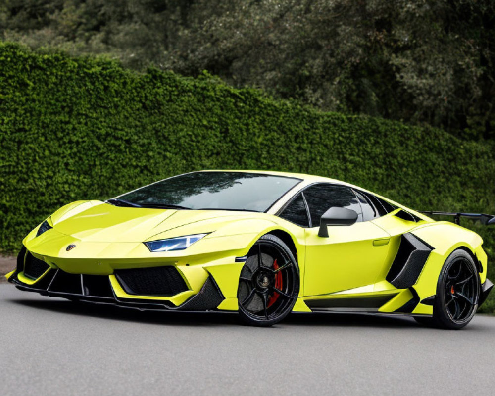 Yellow Lamborghini Aventador with Black Accents Parked by Green Hedge