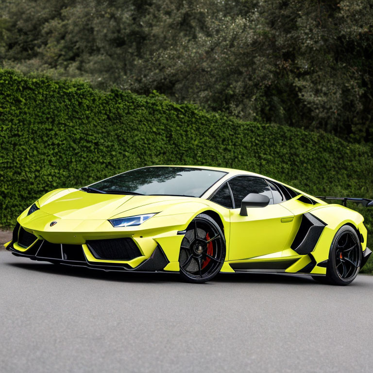 Yellow Lamborghini Aventador with Black Accents Parked by Green Hedge