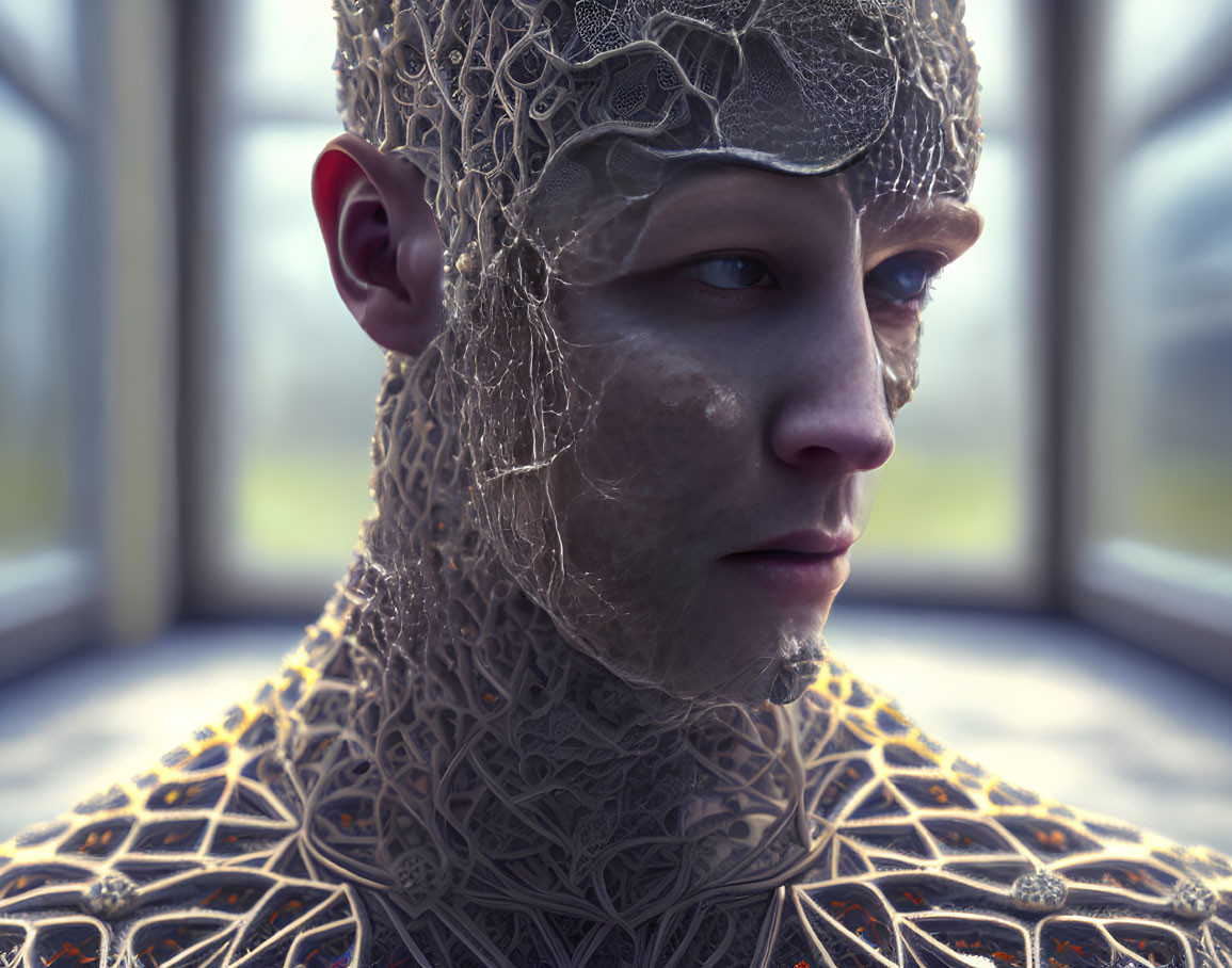 Intricate lace-like patterns on person's skin with metallic headpiece gazing out window