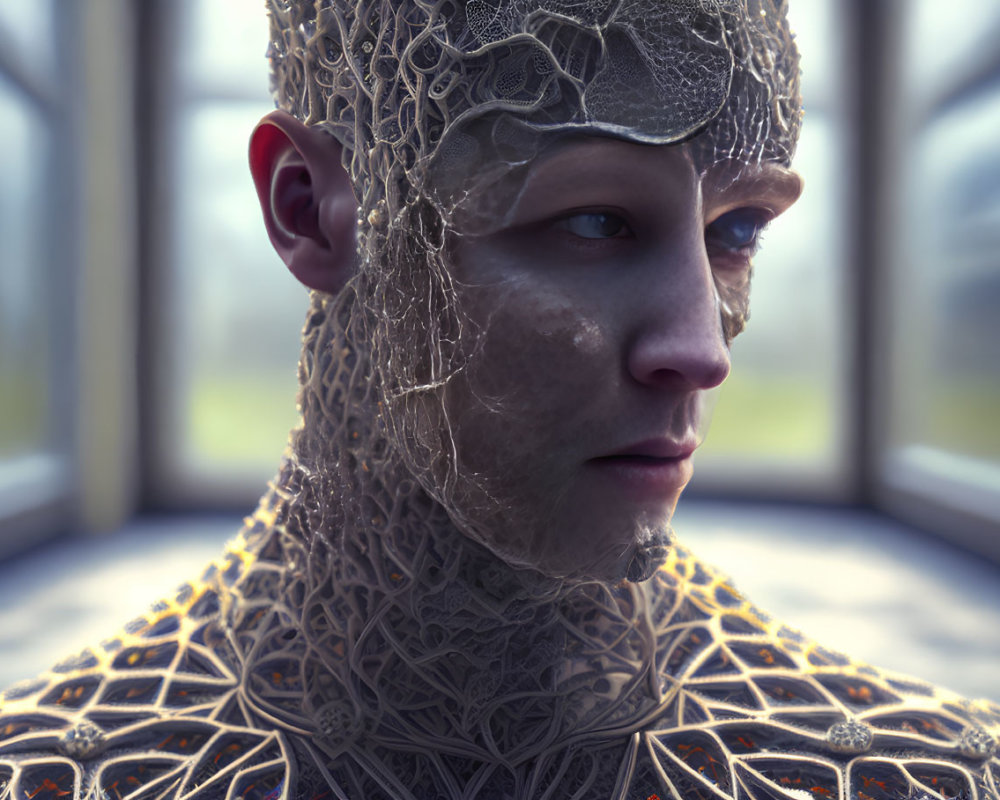 Intricate lace-like patterns on person's skin with metallic headpiece gazing out window