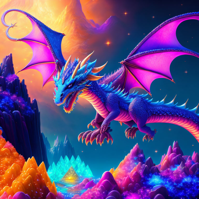 Colorful Dragon Flying over Fantasy Landscape with Crystals and Nebula Sky