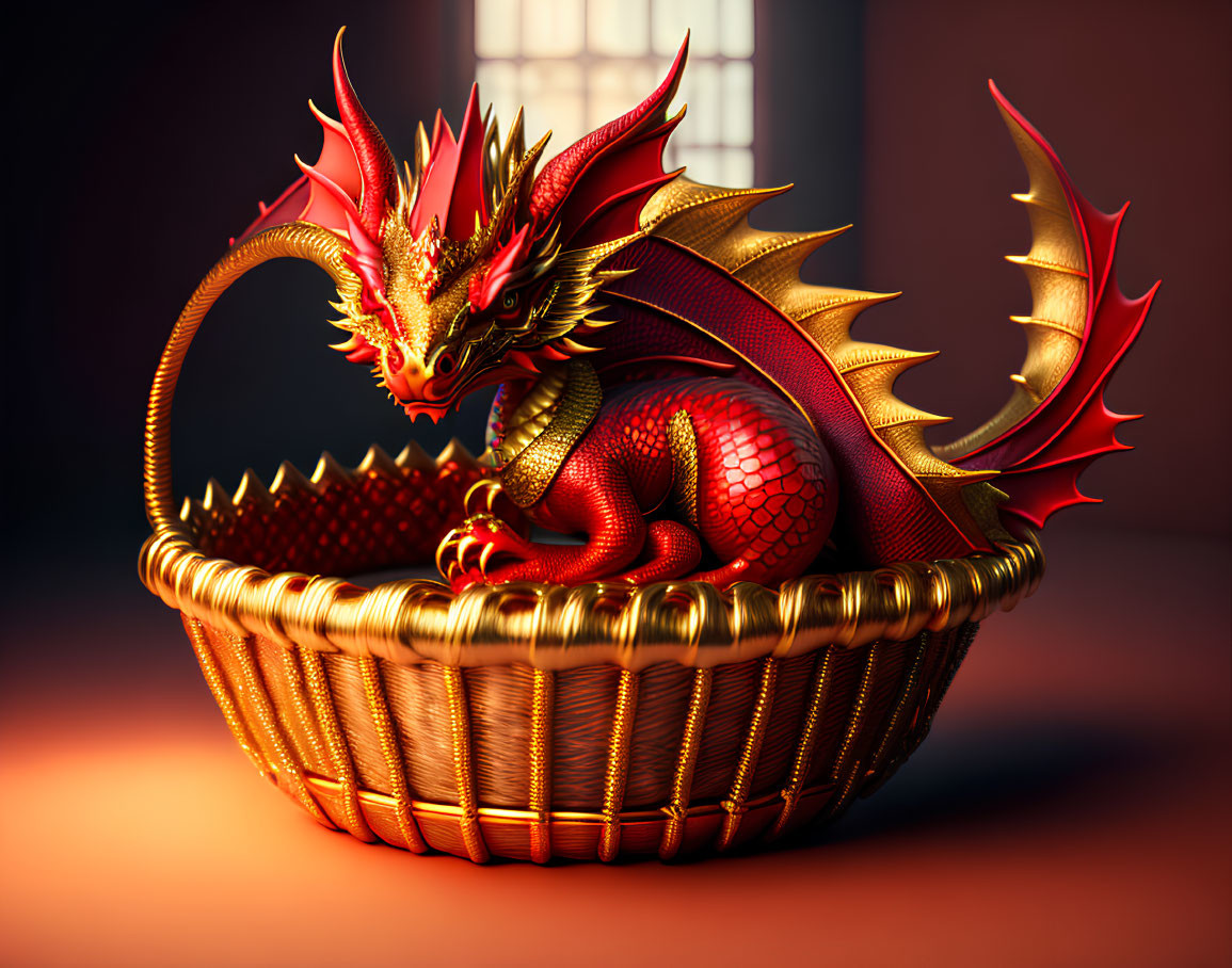 Vibrant red dragon with golden scales in textured basket on dark background