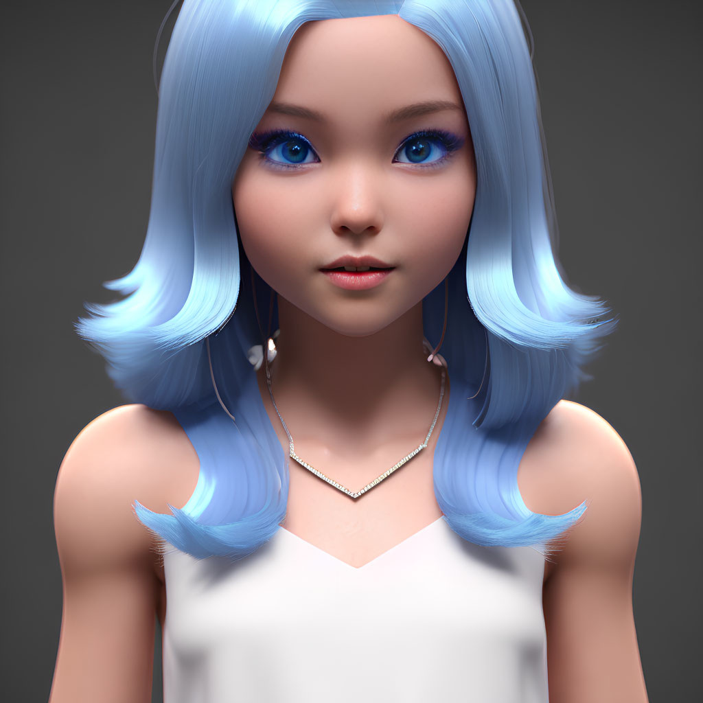 Female character in 3D with blue hair and eyes, white top, on grey backdrop