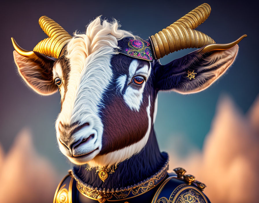 Stylized goat with golden horns in royal-blue and gold armor against mountain backdrop