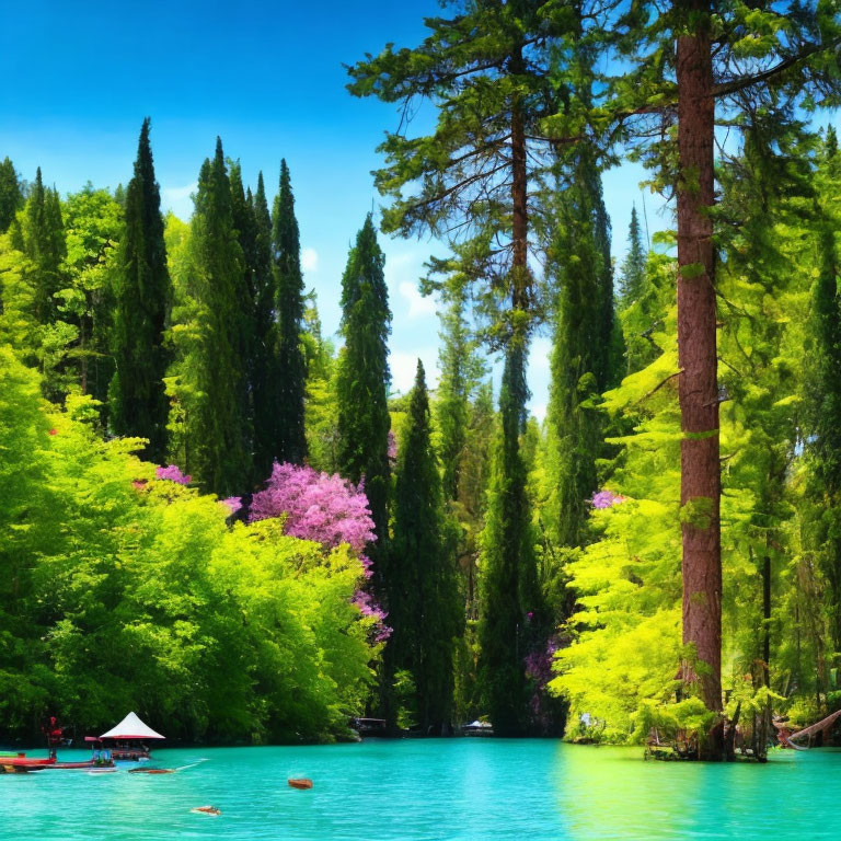 Tranquil turquoise lake with pink flowers and trees reflecting in water