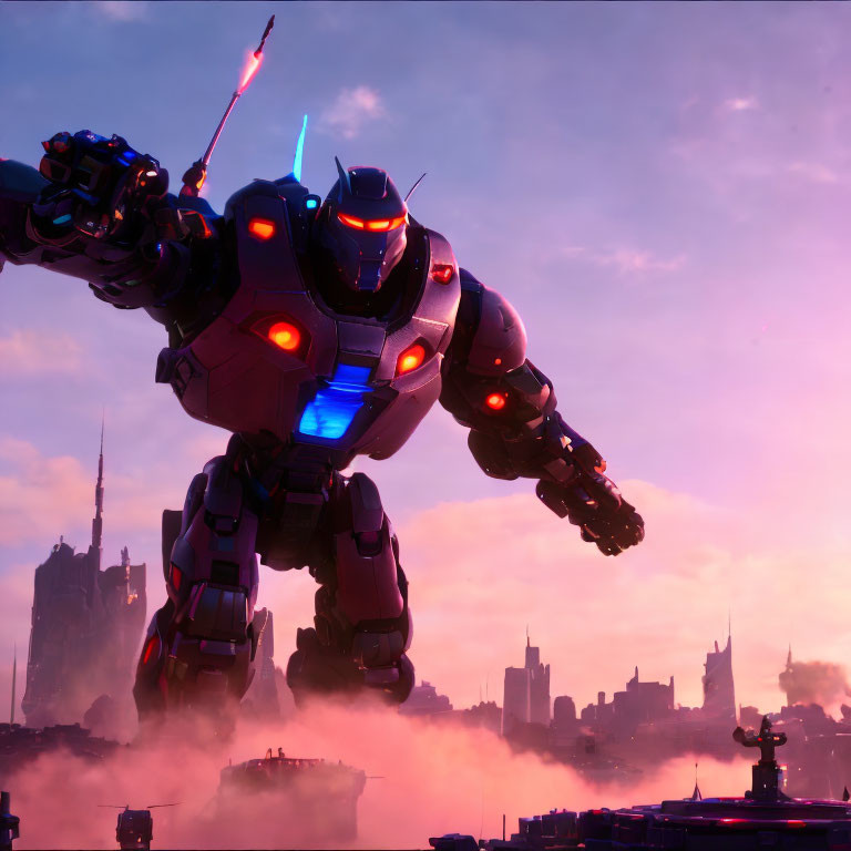 Giant Robot with Glowing Blue Chest in Futuristic City Skyline