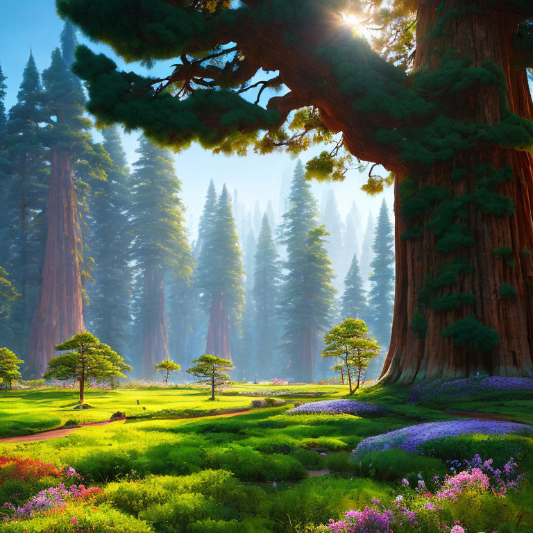 Lush forest with tall sequoia trees, sunlit meadow, and misty ambiance