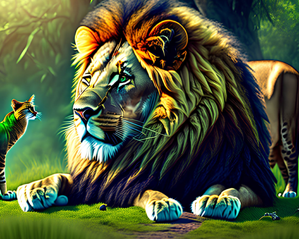 Majestic lion and tiger in lush jungle under glowing canopy