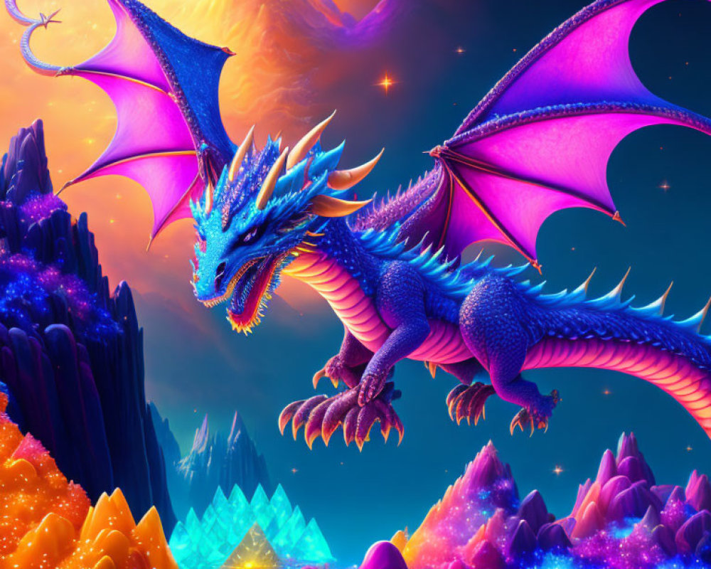 Colorful Dragon Flying over Fantasy Landscape with Crystals and Nebula Sky