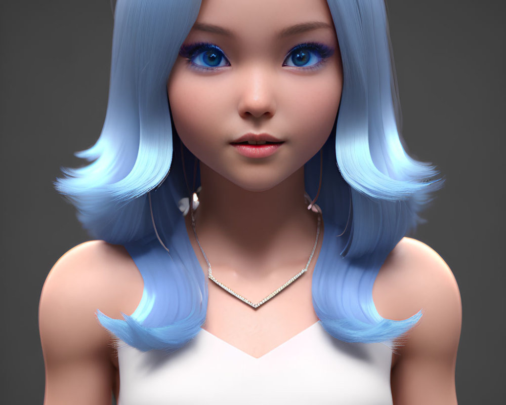 Female character in 3D with blue hair and eyes, white top, on grey backdrop