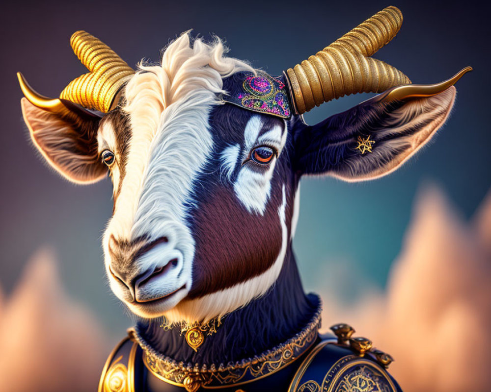 Stylized goat with golden horns in royal-blue and gold armor against mountain backdrop