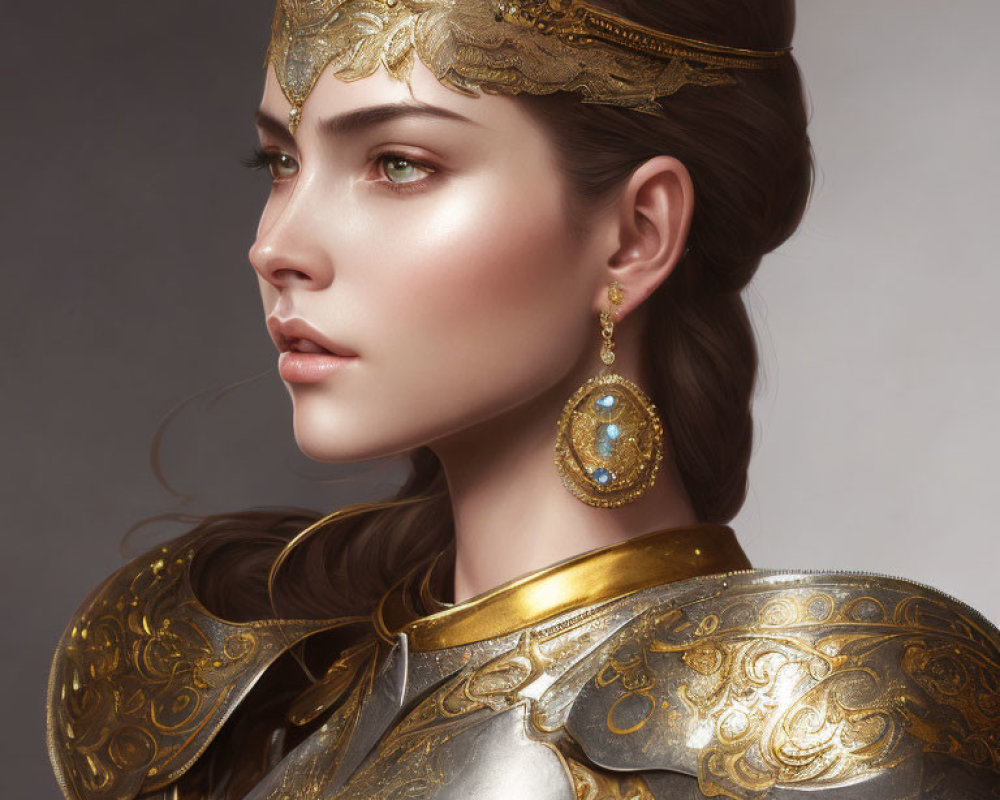 Elaborately designed portrait of a woman in golden armor with blue gemstone earring